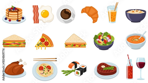 Appetizing vector illustrations presenting a diverse array of prepared foods, including breakfast staples, wholesome lunches, and satisfying dinners for various culinary themes and occasions