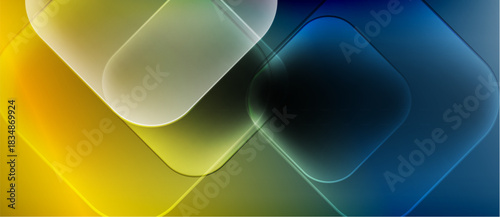 Abstract composition featuring rounded squares, vibrant colors, gradients. Yellow, blue, green hues blend seamlessly creating modern aesthetic.