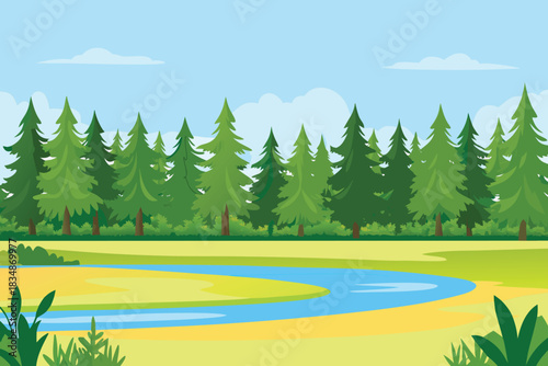 a vibrant landscape featuring a winding river and a dense evergreen forest