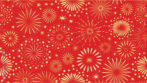 A vibrant red background dotted with golden fireworks and sparkling starbursts high quality