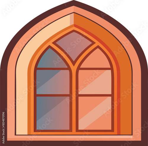 Gothic arched window with stained glass and wooden frame