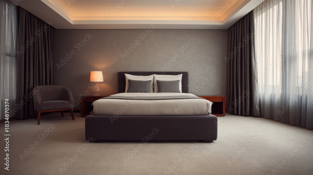 Fototapeta premium Modern bedroom design with cozy furnishings and warm lighting at dusk