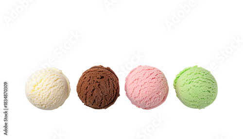 Various flavors of ice cream scoops in a row including vanilla chocolate strawberry and mint are displayed plain white background and png