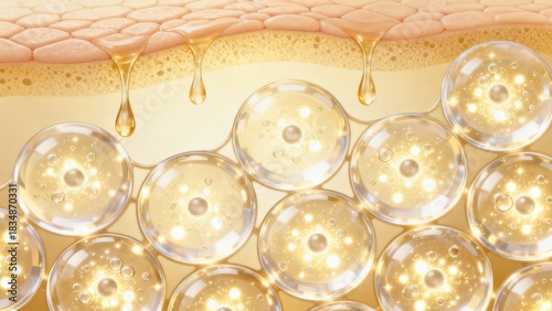 Illustration of skin layers with oil droplets and spherical molecules beneath the surface