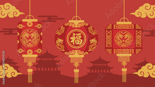 Vibrant traditional Chinese lanterns illuminate a cultural celebration, adorned with intricate dragon designs and auspicious symbols on a classical Asian temple background