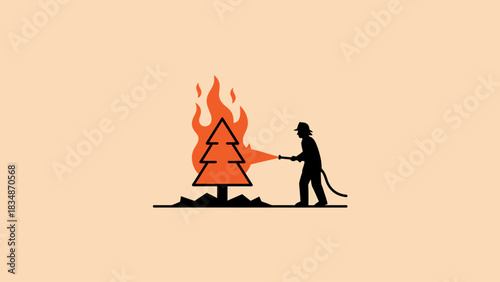 Firefighter Battling Wildfire Extinguishing Flames From Burning Tree with Water Hose, Climate Change Concept