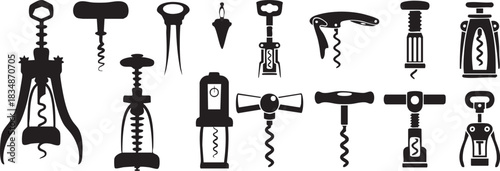 Collection of Various Corkscrews Silhouettes for Wine Opening