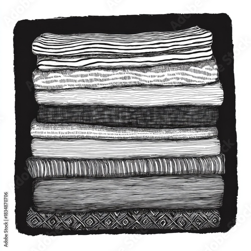 Stack of illustrated, textured fabric layers in grayscale, detailed lines