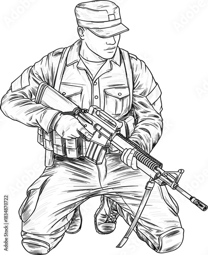 Military Personnel with  Weapon Sketch Coloring Book Page