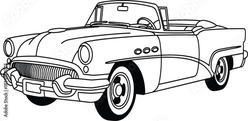 Vintage Classic American Convertible Car Line Art Drawing Illustration