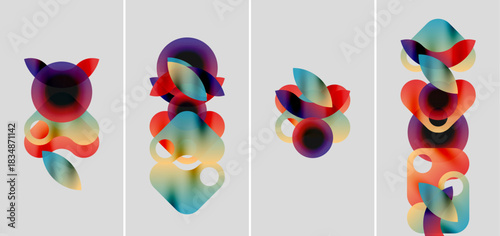 Abstract colorful shapes overlap, creating dynamic compositions. Soft gradients blend hues, forming fluid forms. Minimalist background enhances vibrant visuals.