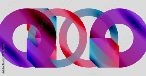 Abstract design features overlapping colorful rings. Gradient shades create dynamic visual effect. Modern, minimalist composition.