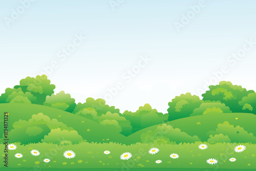 A gentle green landscape featuring rolling hills lush trees and white daisies