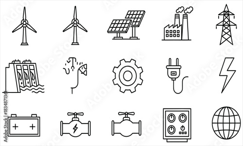 Sustainable Energy Production and Consumption Line Icons Set Renewable Power Sources, Industrial Infrastructure, and Electricity Symbols Vector Art