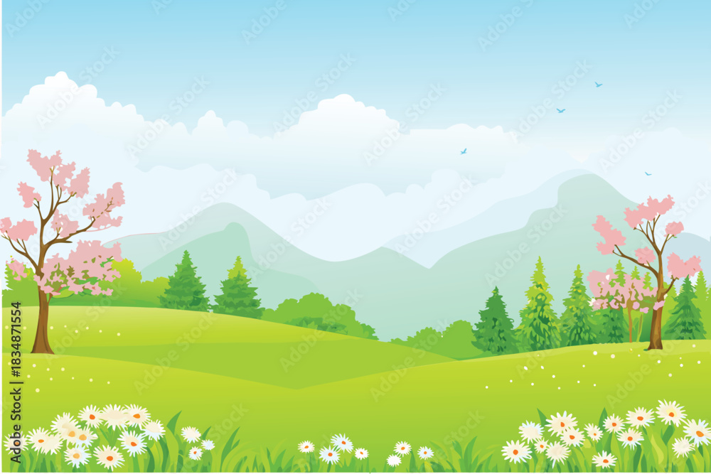 Fototapeta premium a serene landscape with rolling green hills mountains and blossoming trees high quality