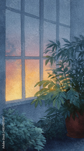 A Tranquil Watercolor Scene of Indoor Plants Against a Sunset Window, Perfect for Inspiring Relaxation and Serene Home Decor Ideas