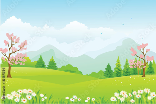 a serene landscape with rolling green hills mountains and blossoming trees high quality