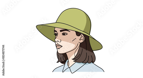 Elegant woman illustration wearing a wide-brimmed olive green hat evoking sun protection style