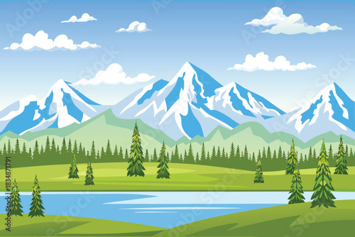 a picturesque landscape shows a blue sky over mountains and a green