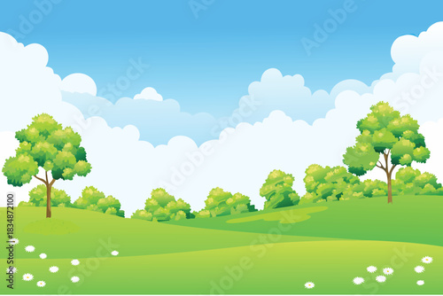 a vibrant green landscape with fluffy white clouds and lush trees high quality
