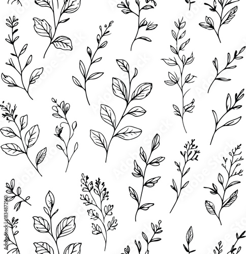 Black line art seamless pattern using mint leaves, herbal sprigs and tiny botanical clusters, fresh minimal style, white background 2