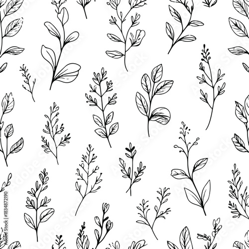 Black line art seamless pattern using mint leaves, herbal sprigs and tiny botanical clusters, fresh minimal style, white background 3