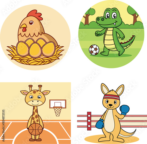 Four cute cartoon animals engaged in different activities