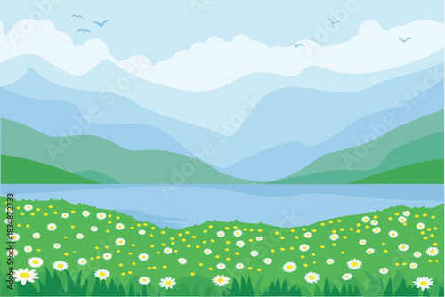 a peaceful landscape showing mountains a lake and a field of daisies