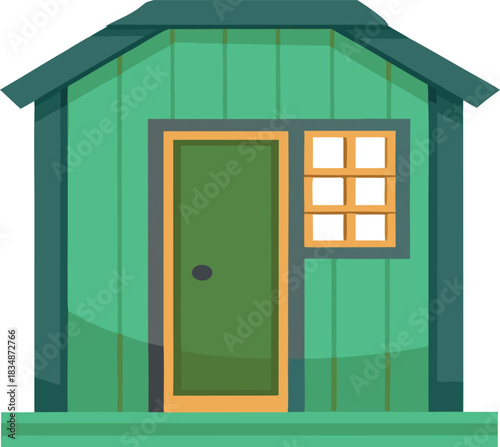 Simple green wooden shed with door and window illustration