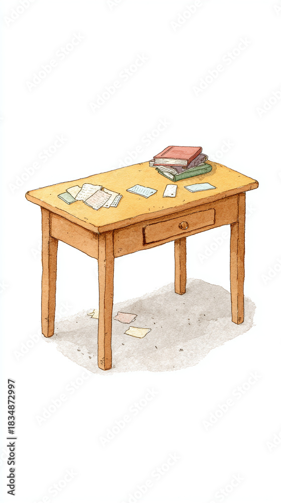 Fototapeta premium Charming Wooden Desk: A Cozy Workspace for Creativity, Study, and Reflection with Books and Notes in a Minimalist Design Atmosphere