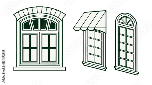 Elegant window collection featuring classic designs with awnings, perfect for architectural projects, building plans, or stylish home decor concepts