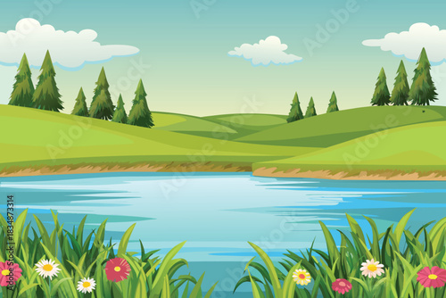 A peaceful landscape featuring a lake rolling hills and evergreen trees high quality