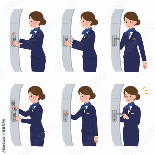 Sequential illustration of a flight attendant operating an aircraft door or service panel handle, demonstrating opening and closing procedures.