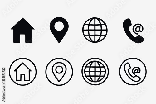 PrintSet of eight contact information icons in black and white