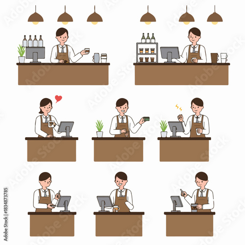 Diverse Barista and Cafe Staff Operations Vector Illustration Set, Including Serving Coffee, POS Transactions, and Customer Service.