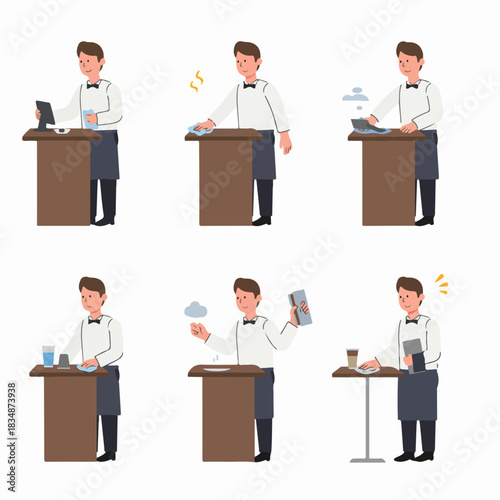 Waiter Duties Vector Set: Cleaning, Clearing Tables, Taking Orders, and POS Operation in Restaurant Hospitality Service.