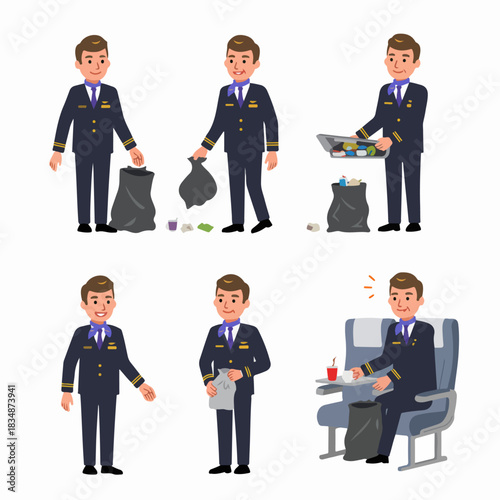 Airline Cabin Crew Member Vector Illustration Set Performing Waste Management and Service Duties.