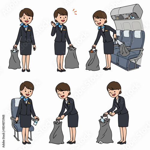 Flight attendant collecting trash and garbage bags on an airplane: Set of illustrations showing cabin crew cleaning service during flight.