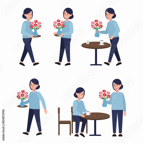Flat vector illustration set of a woman carrying and placing a vase of colorful flowers on a coffee table, preparing for a break.