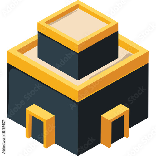 Isometric representation of a dark grey and gold layered cubic building with sand colored top levels isolated on a white background perfect for game design elements or architectural concepts