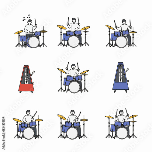 Drummer playing the drum kit and metronome color line icons set. Music rhythm, practice, and performance vector illustration bundle.