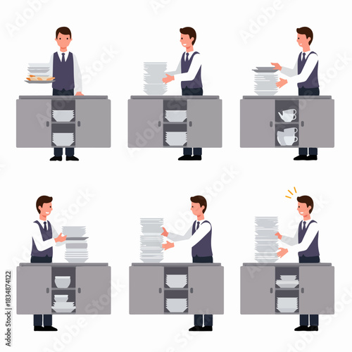 Professional Waiter Character Set Managing Stacks of Clean and Dirty Dishes and Tableware at a Restaurant Service Cabinet.