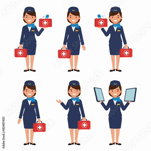 Flight Attendant Character Vector Set: Stewardess Holding First Aid Kit and Tablet, Illustrating Air Travel Service and Safety Duties.