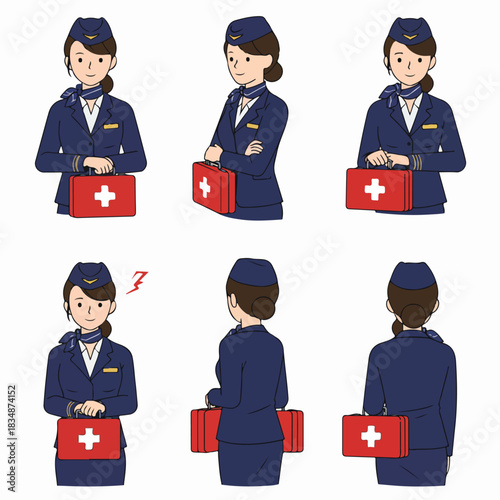 Set of six vector illustrations showing a female flight attendant in uniform holding a red first aid kit, isolated on white background.