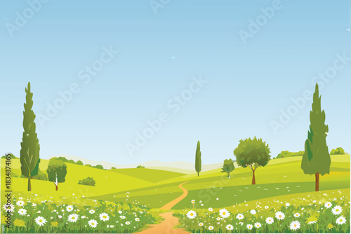 a peaceful landscape scene with green hills trees a path and blue