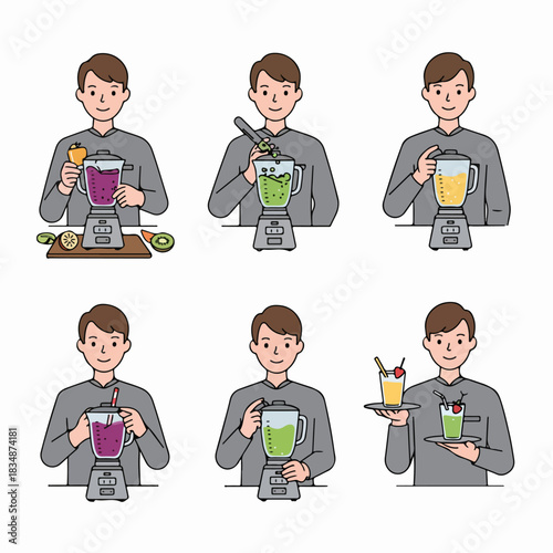 Step-by-step process of a man making fresh fruit smoothies and healthy vegetable juices using a blender, preparing and serving the drinks.