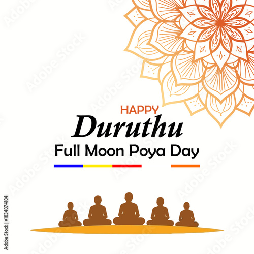Duruthu Poya Day: Wishes Flyer, Meditating Monks Silhouettes, Orange Mandala, Buddhist Festival Social Media Post