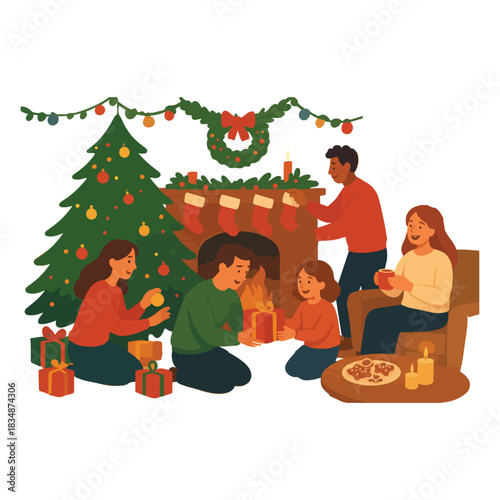 Cozy Family Christmas Evening: Tree Decorating, Gift Exchange, Snowy Window Views, Warm Cocoa