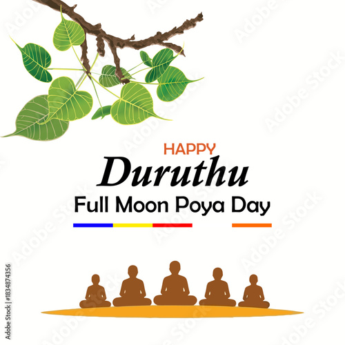 Happy Duruthu Full Moon Poya Day: Wishes Flyer, Meditating Monks Silhouettes, Bodhi Tree Branch, Social Media Post