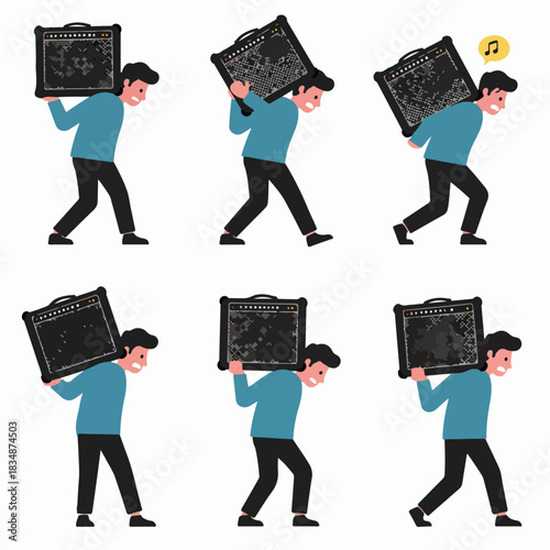 Sequence of illustrations showing a man struggling to carry a heavy musical amplifier or speaker equipment, representing physical exertion.